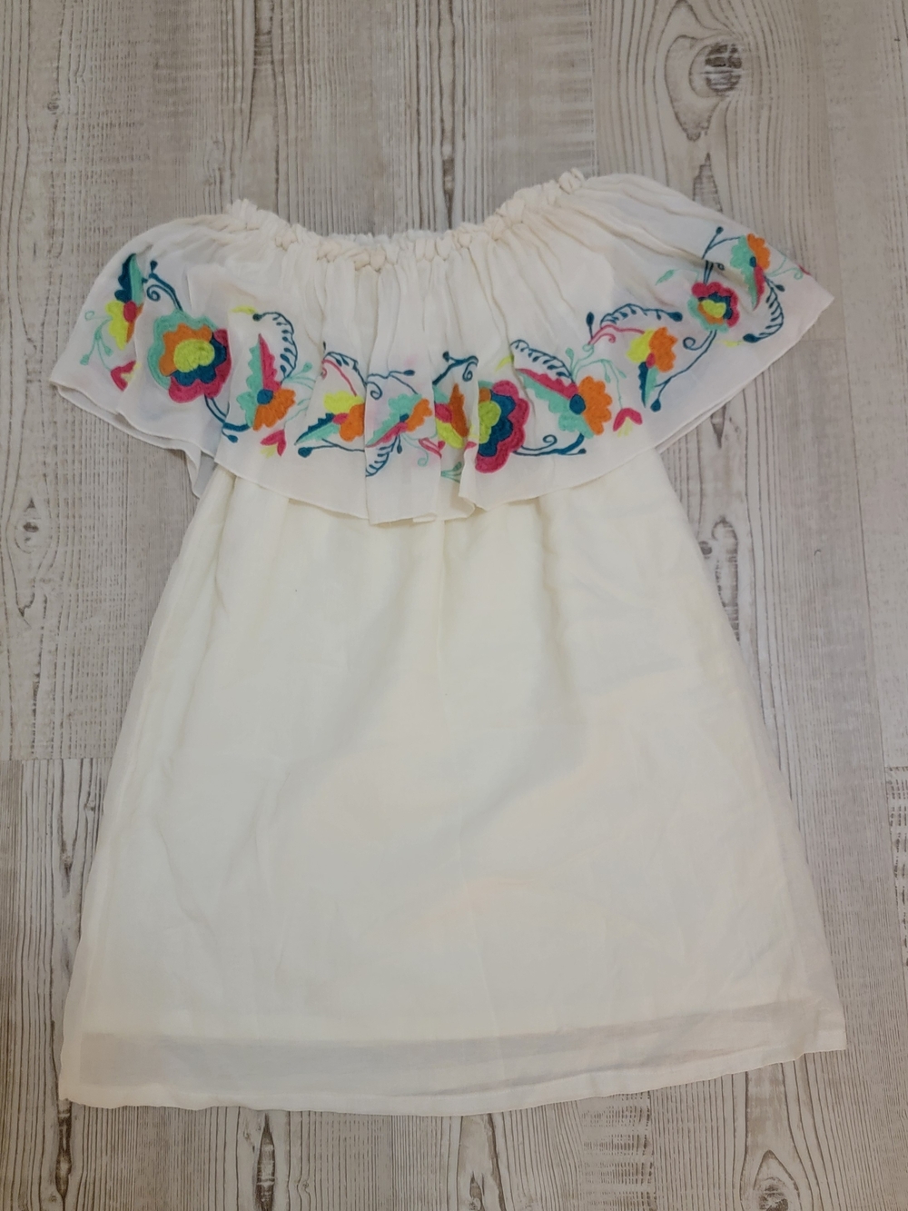 White Off-Shoulder Peasant Mini Dress with Multicolor Floral Embroidery Small